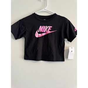 Nike Sportswear Logo T-Shirt Girls Size 5 Black Pink Marble Graphic Tee nWT‎